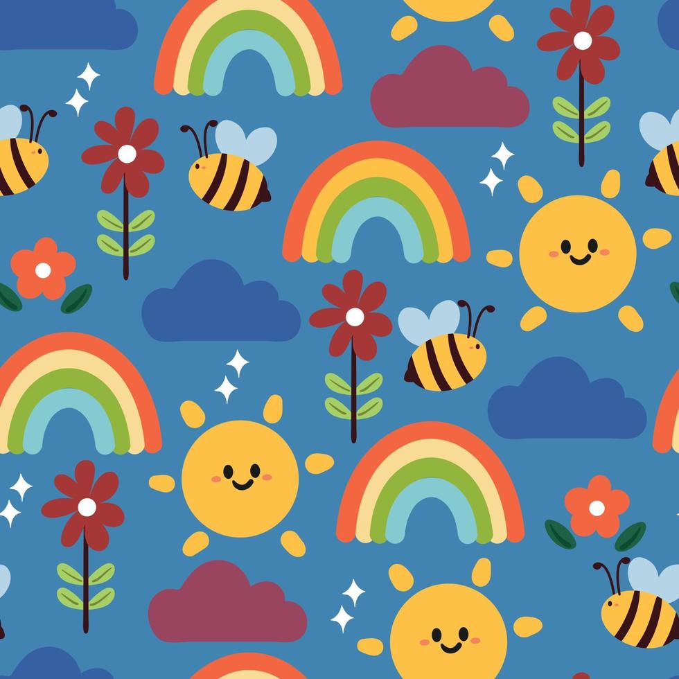 seamless pattern hand drawing cartoon sun, clouds, rainbow and flower. for kids wallpaper, fabric print, textile, gift wrapping paper vector
