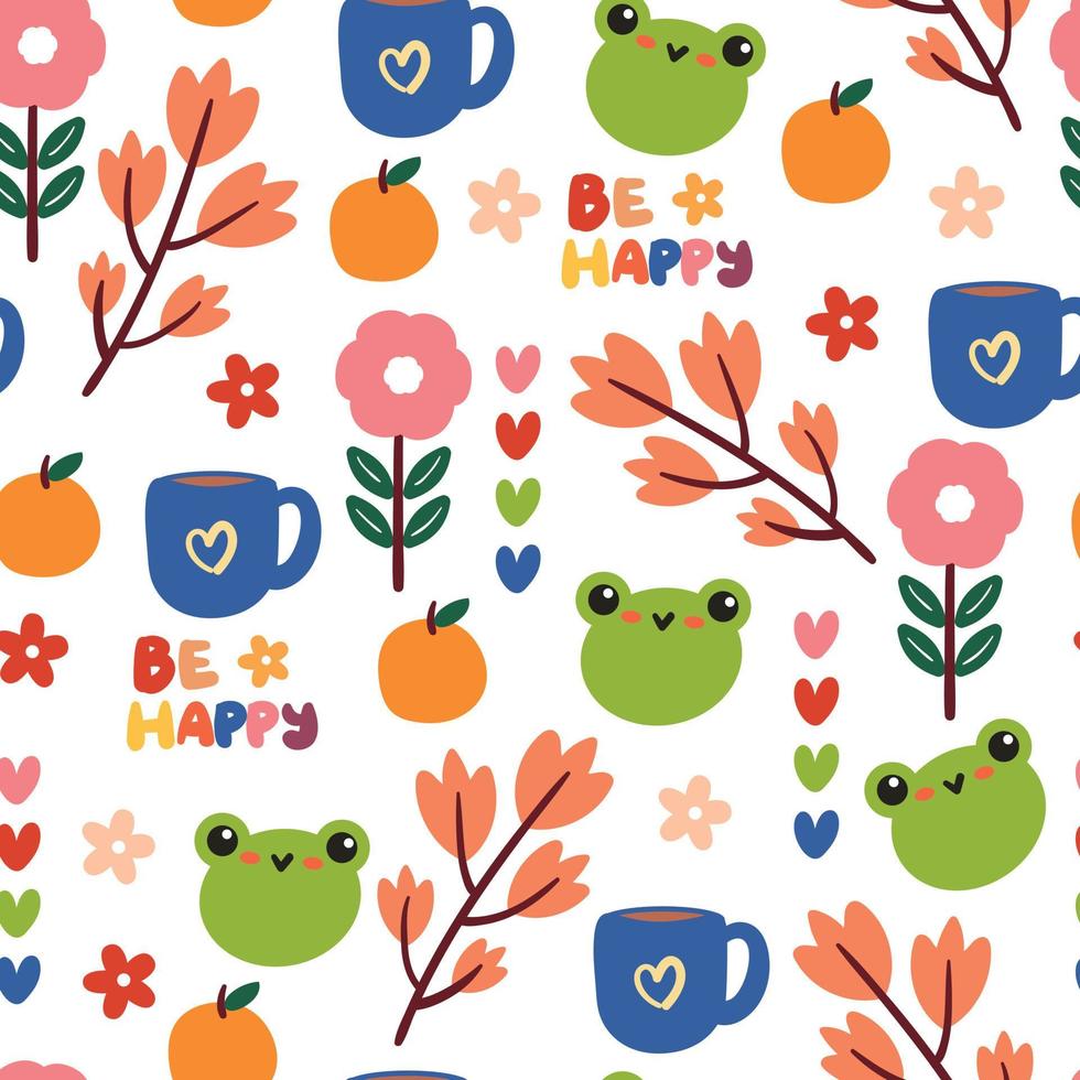 seamless pattern hand drawing flower, fruit and frog. cute background for fabric print, textile, gift wrapping paper vector