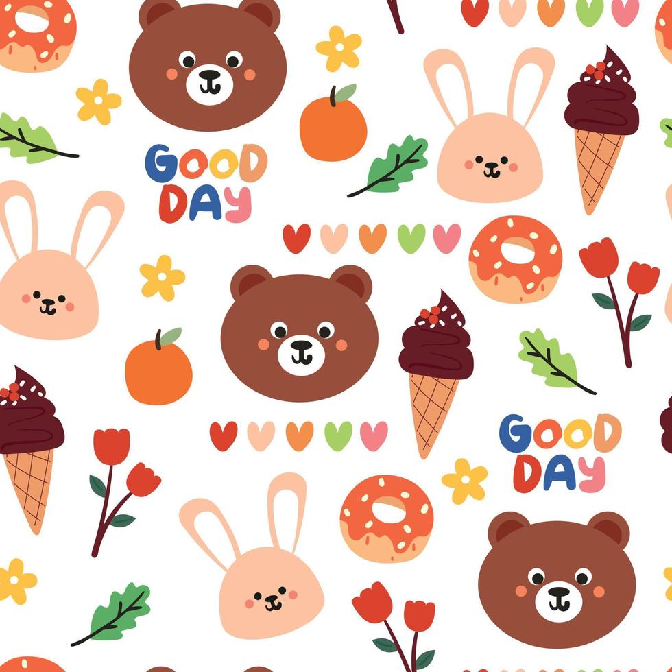 dibujo a mano de patrones sin fisuras oso, conejito y postre. lindo fondo para estampado de tela, textil, papel de regalo vector