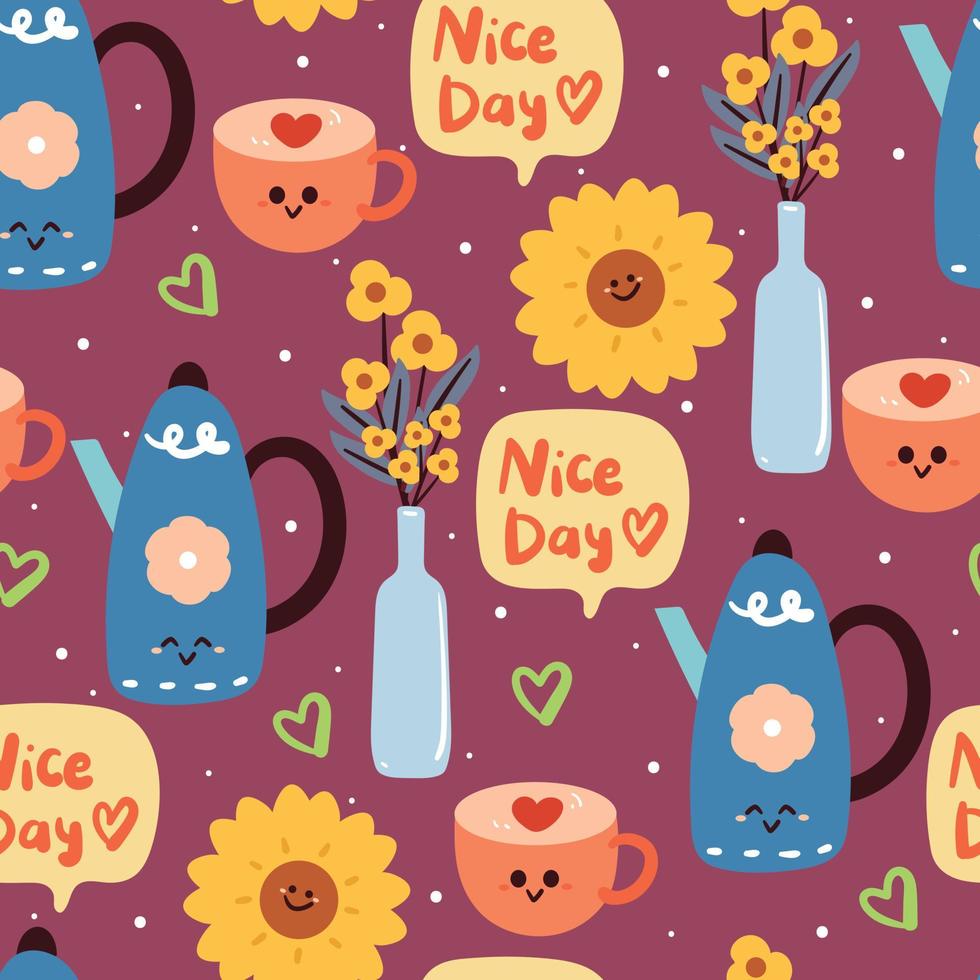 seamless pattern hand drawing tea time cartoon. food and beverage, flower background for fabric print, textile, gift wrapping paper vector