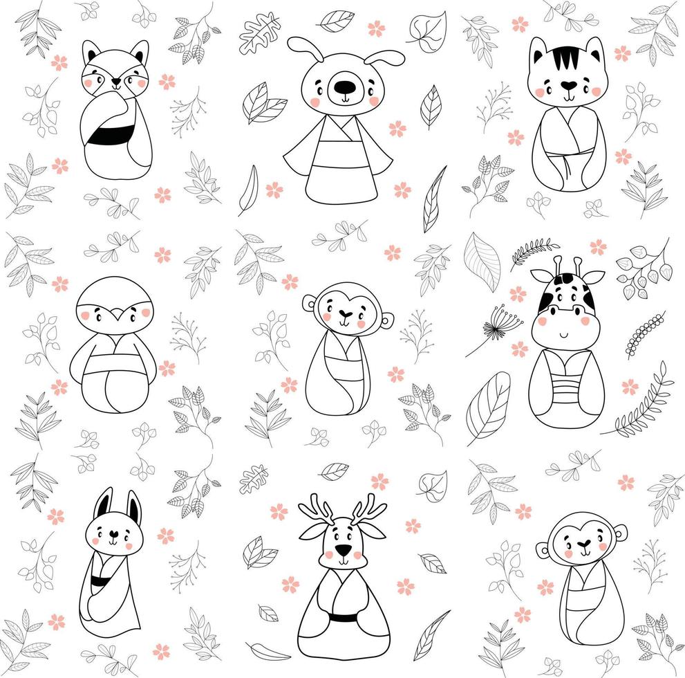 Have a nice day set cute cryptic animals are in action. bear, penguin, koala, wolf, fox, tiger, bunny, birt, cat.  .No gradient used, easy to print and color. Vector files can be scaled to any size.