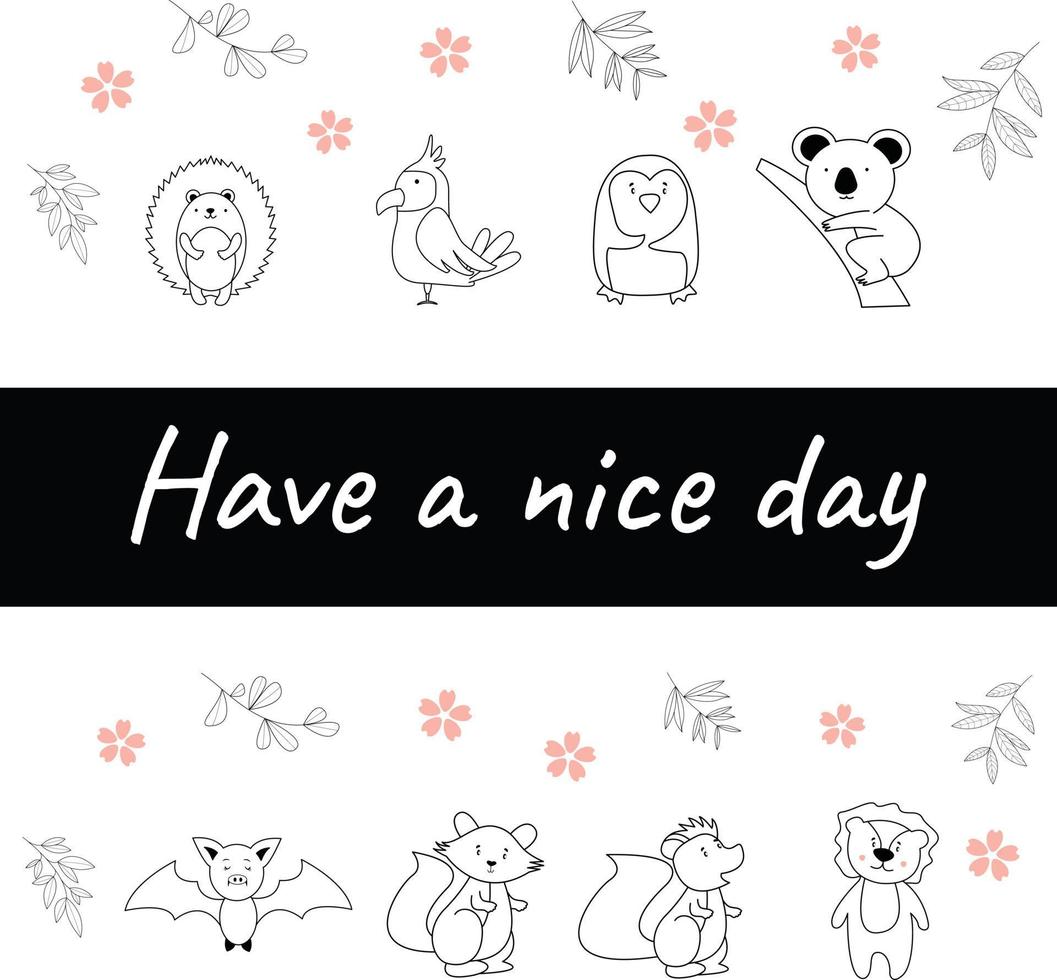 Have a nice day set cute cryptic animals are in action. bear, penguin, koala, wolf, fox, tiger, bunny, birt, cat.  .No gradient used, easy to print and color. Vector files can be scaled to any size.