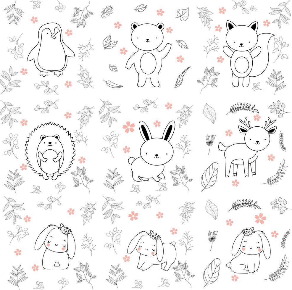 Have a nice day set cute cryptic animals are in action. bear, penguin, koala, wolf, fox, tiger, bunny, birt, cat.  .No gradient used, easy to print and color. Vector files can be scaled to any size.