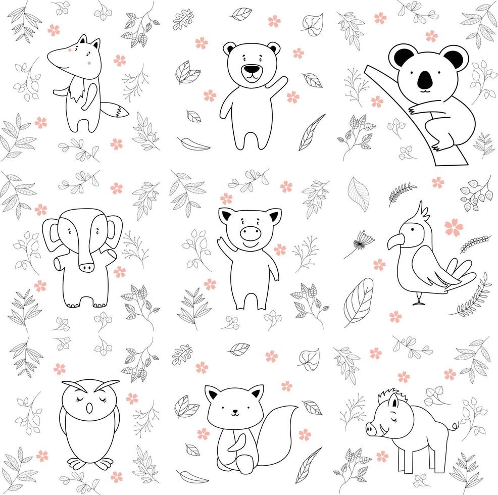 Have a nice day set cute cryptic animals are in action. bear, penguin, koala, wolf, fox, tiger, bunny, birt, cat.  .No gradient used, easy to print and color. Vector files can be scaled to any size.