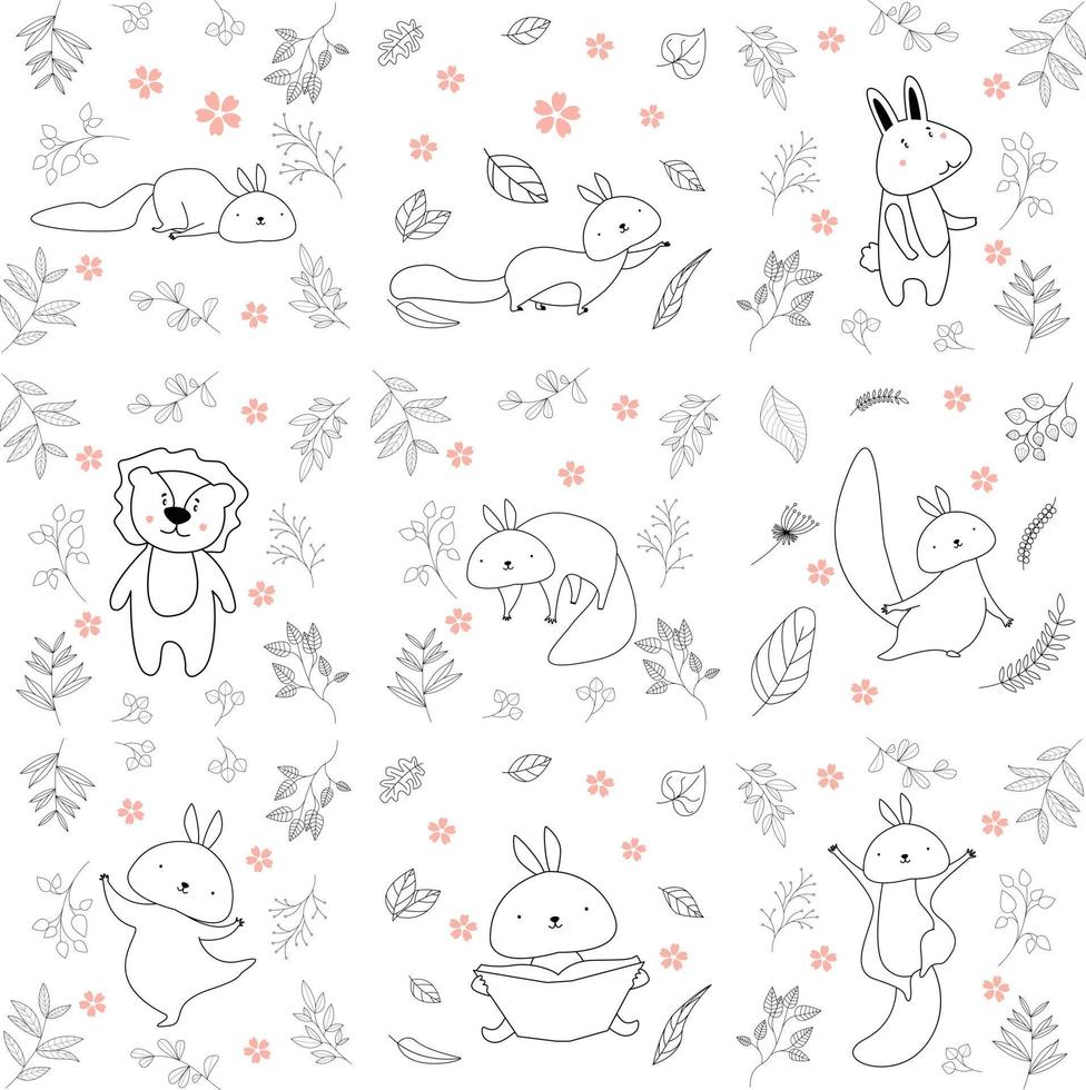 Have a nice day set cute cryptic animals are in action. bear, penguin, koala, wolf, fox, tiger, bunny, birt, cat.  .No gradient used, easy to print and color. Vector files can be scaled to any size.