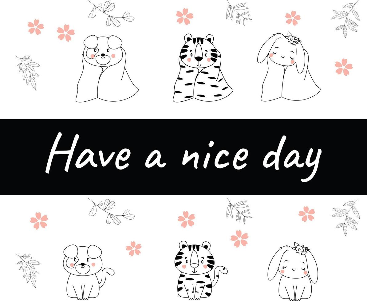 Have a nice day set cute cryptic animals are in action. bear, penguin, koala, wolf, fox, tiger, bunny, birt, cat.  .No gradient used, easy to print and color. Vector files can be scaled to any size.