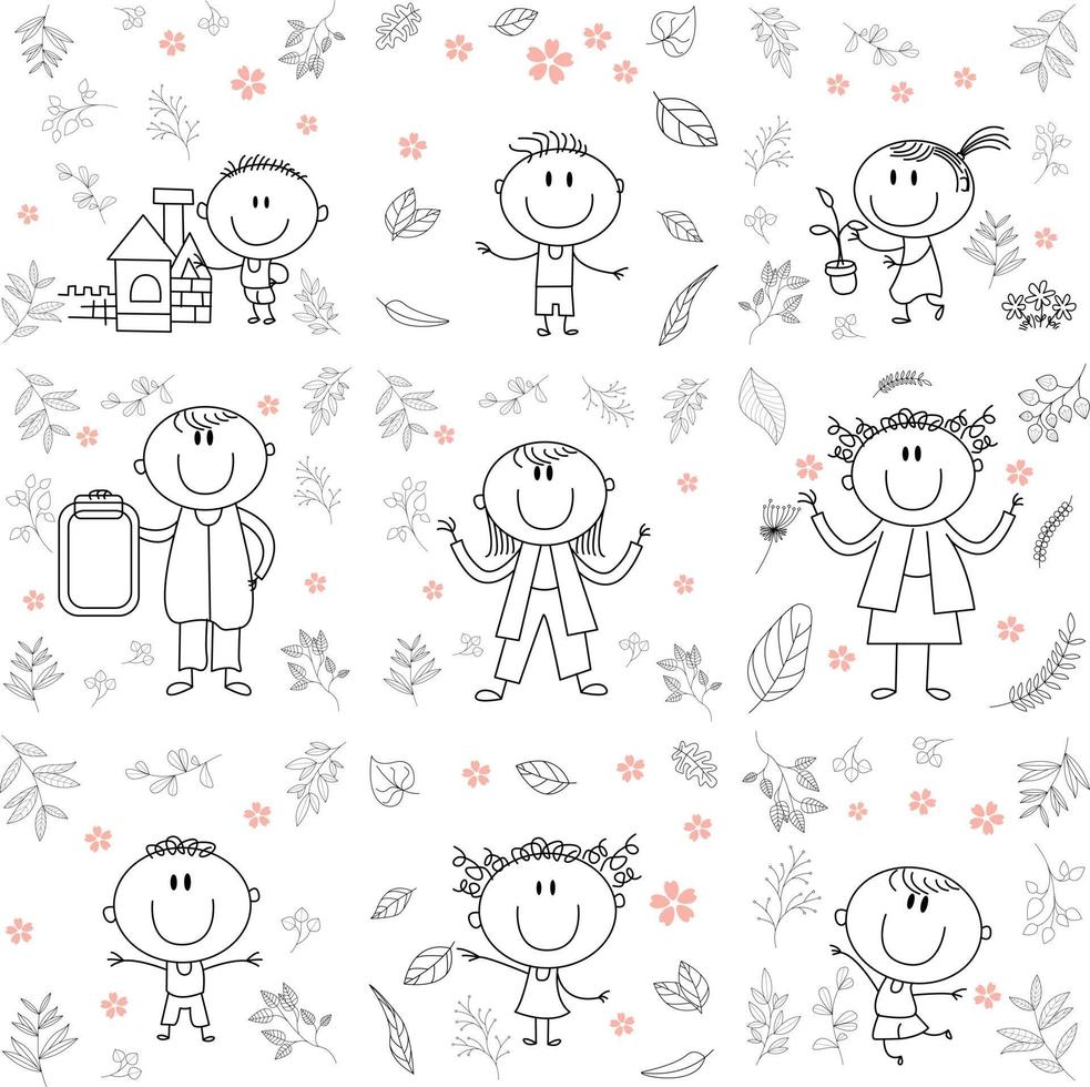 Cute cryptic kids playing with various toys. doctor, child, parent, fortress, recycle, dance, play. No gradient used, easy to print and color. Vector files can be scaled to any size.
