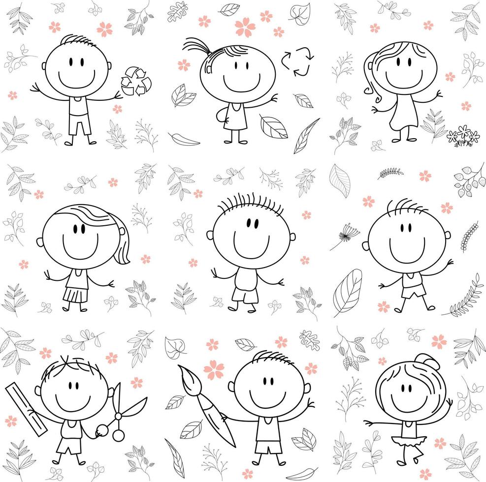 Cute cryptic kids playing with various toys.faucet, scissors, ruler, painting brush, dance, ballet, leaves,. No gradient used, easy to print and color. Vector files can be scaled to any size.