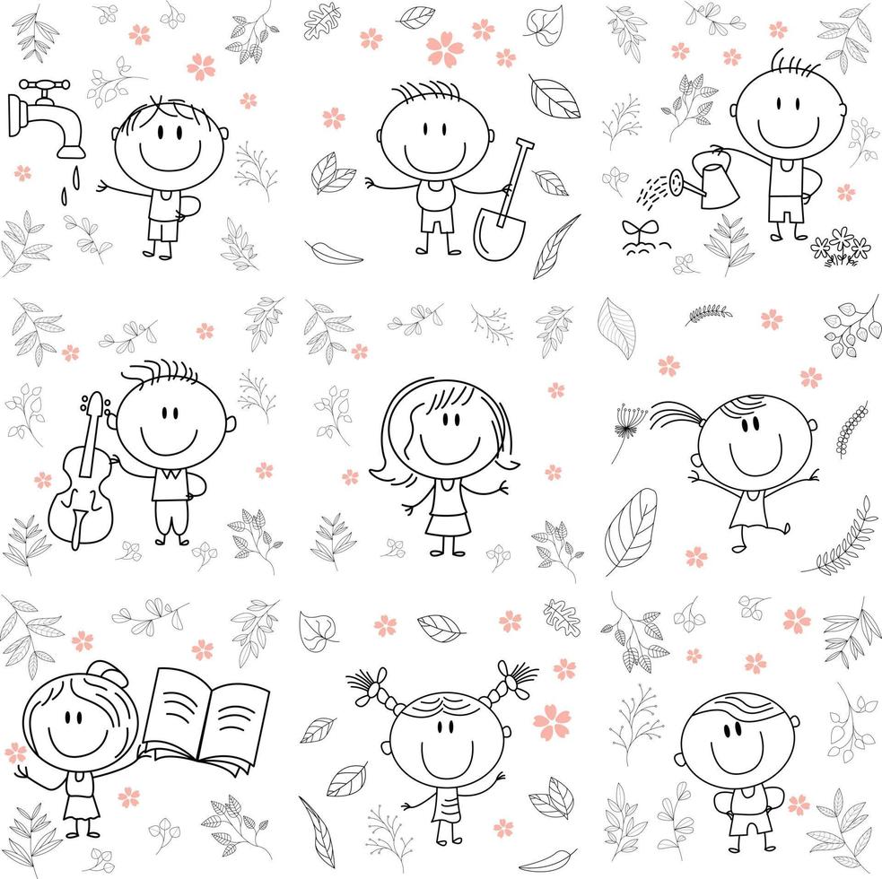 Cute cryptic kids playing with various toys.faucet, spade, violin, dance, flush, book . No gradient used, easy to print and color. Vector files can be scaled to any size.