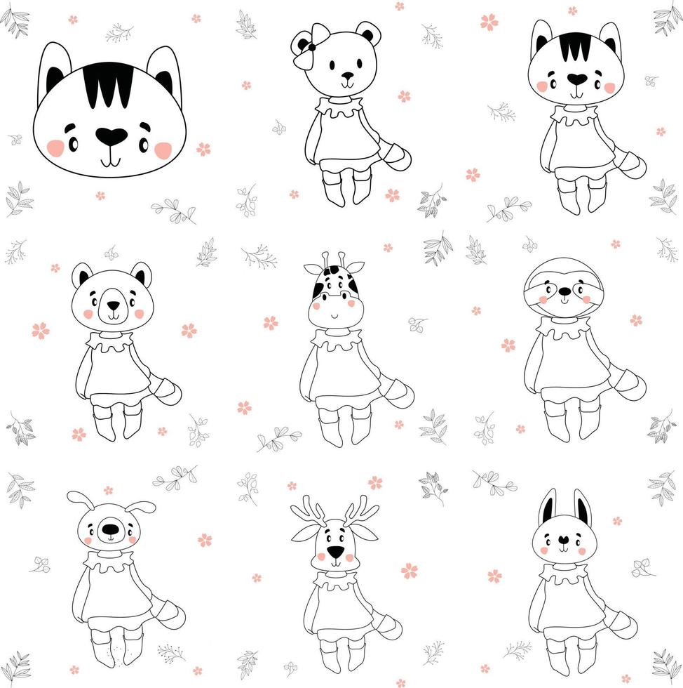 Have a nice day set cute cryptic animals are in action. bear, penguin, koala, wolf, fox, tiger, bunny, birt, cat.  .No gradient used, easy to print and color. Vector files can be scaled to any size.