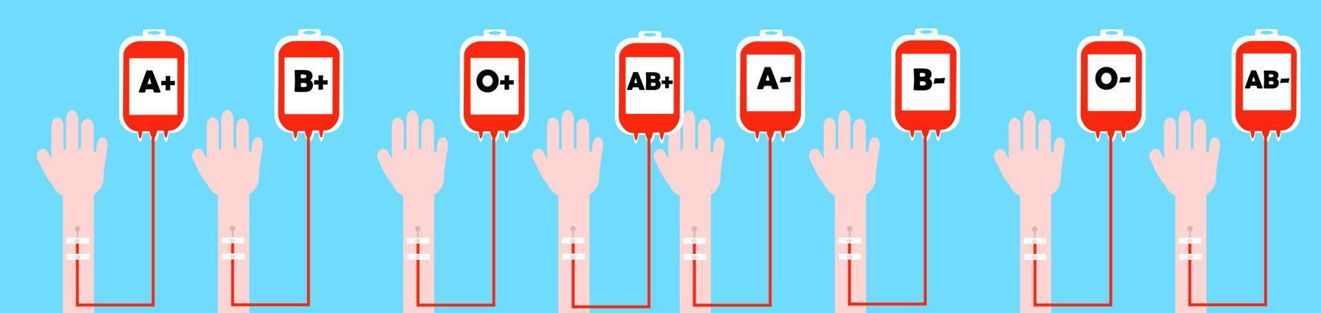 Blood type.Donation bag and hand.World blood donor day.Sign, symbol, icon or logo isolated.Save life concept.Medical background.Poster vector illustration.