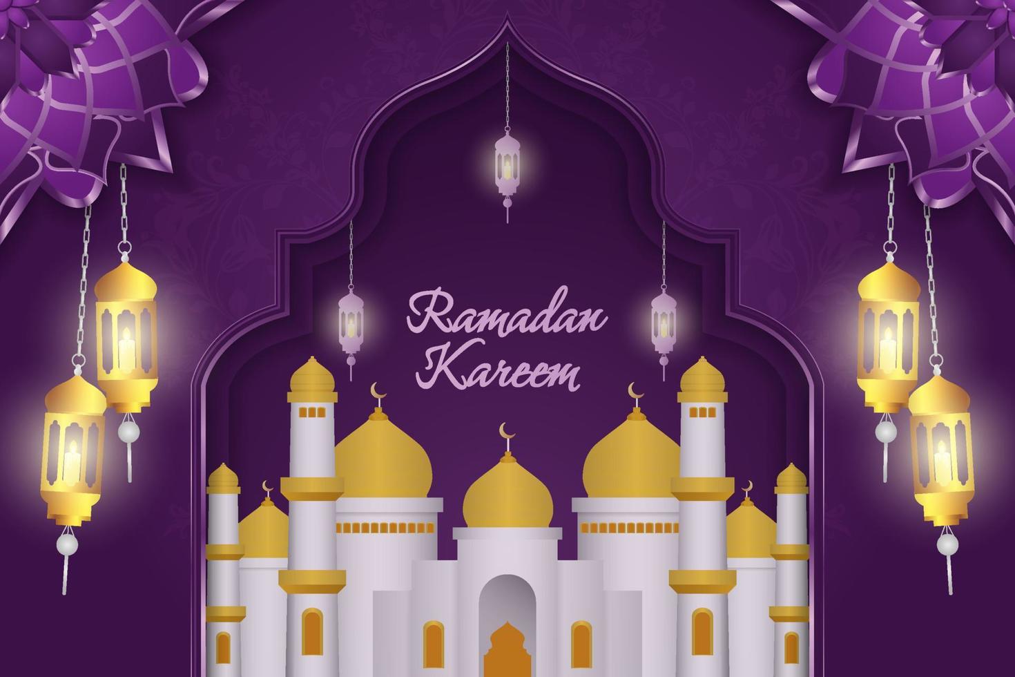 ramadan kareem fondo islámico color púrpura y dorado con elemento de línea vector