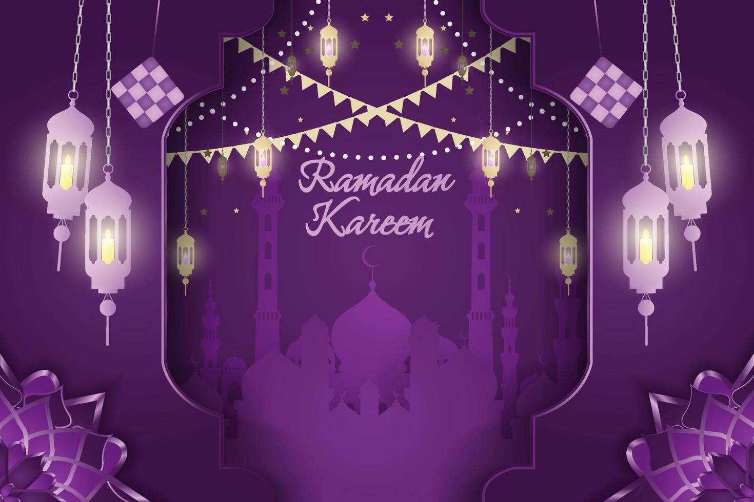 Ramadan Kareem Islamic background purple and gold with line element vector