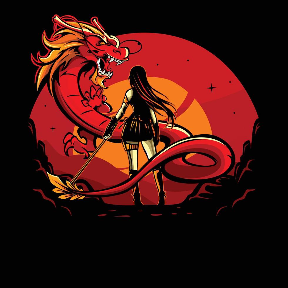 ilustración vectorial de espadachín femenino frente a un dragón vector