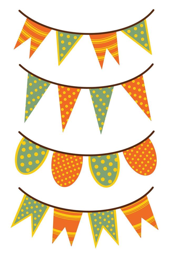 Set of vector illustrations of festive garlands. Isolated icons on a white background. Bright holiday flags with polka dots, stripes. Cute banners are hanging on a rope. Decoration for birthday