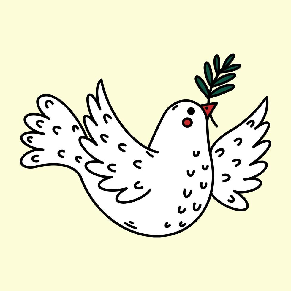 Dove of peace vintage vector icon. Hand drawn retro illustration, 70s style. Cute flying bird holds an olive branch in its beak. Symbol of hope, faith, love. Print for decoration, t-shirt design