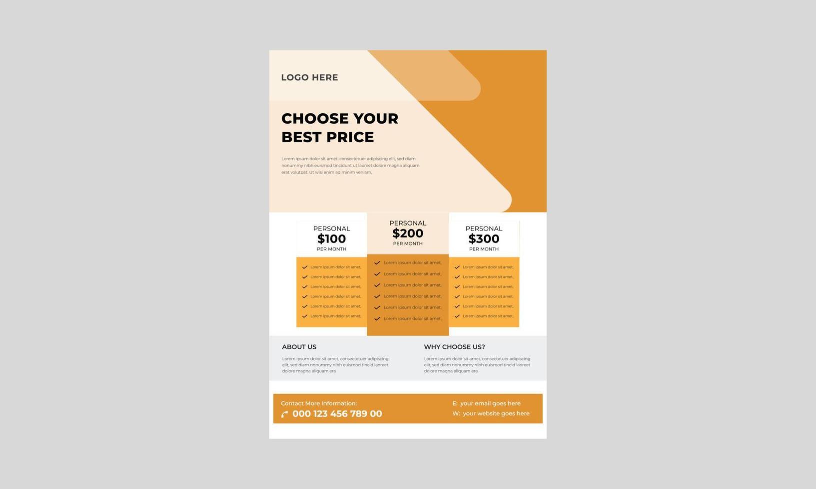 Pricing Sheet Flyer, Vector Pricing Table for Websites and Applications Flyer Template, Price Table Concept Flyer, Poster, vector.