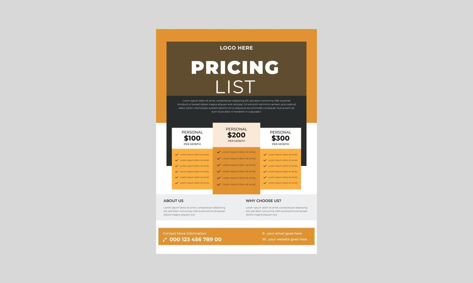 Pricing Sheet Flyer, Vector Pricing Table for Websites and Applications Flyer Template, Price Table Concept Flyer, Poster, vector.