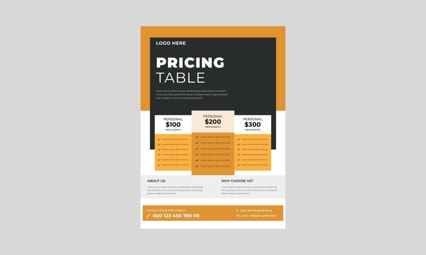 Pricing Sheet Flyer, Vector Pricing Table for Websites and Applications Flyer Template, Price Table Concept Flyer, Poster, vector.