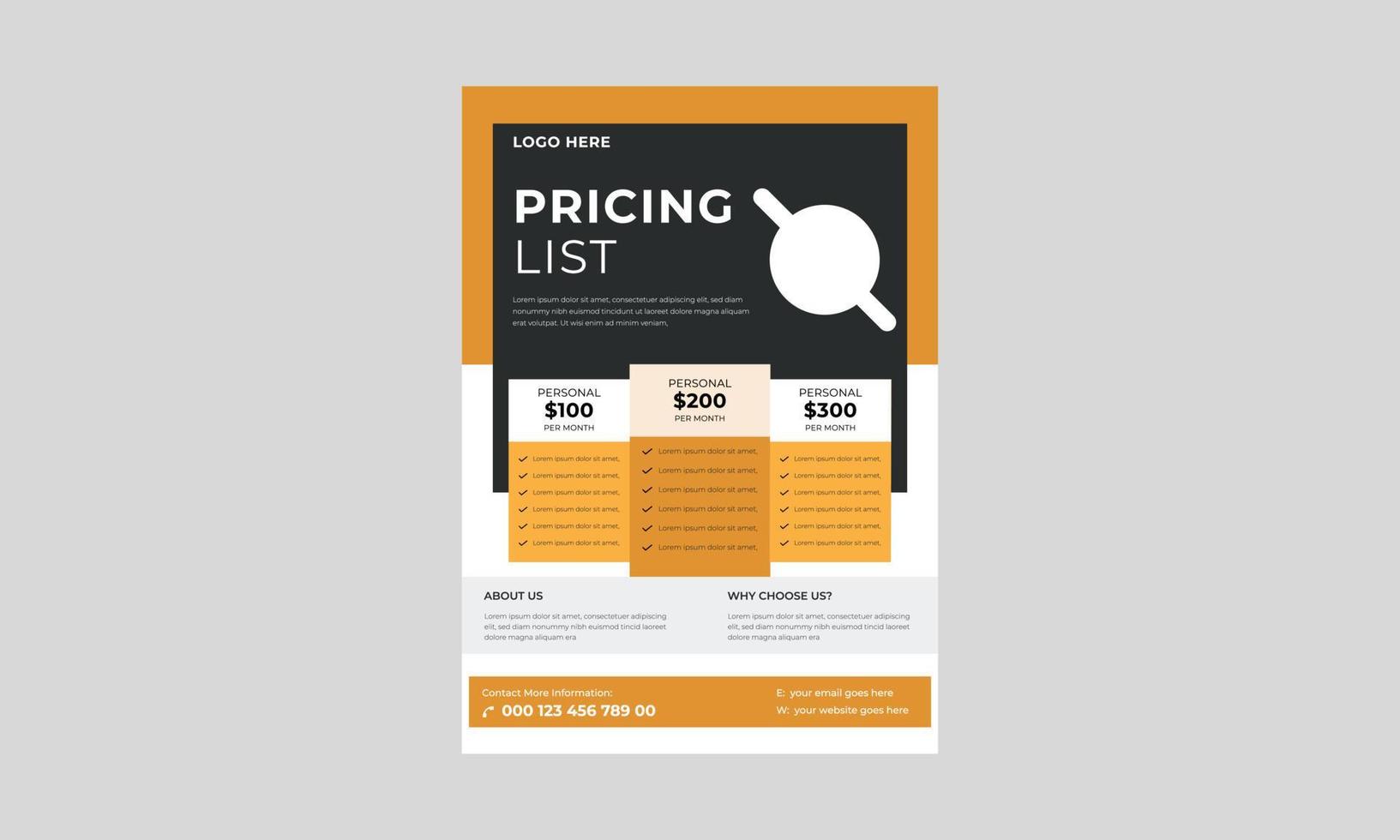 Pricing Sheet Flyer, Vector Pricing Table for Websites and Applications Flyer Template, Price Table Concept Flyer, Poster, vector.