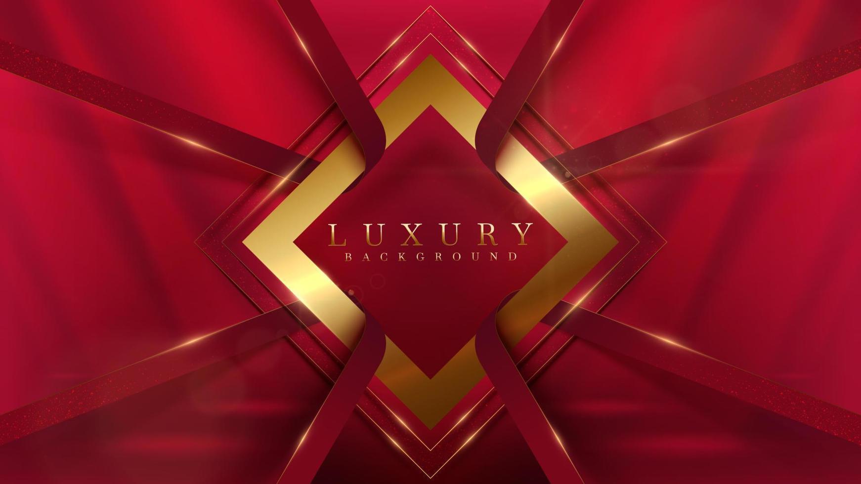 Luxury background with gold square frame element and red ribbon decoration with glitter light effect and bokeh. vector