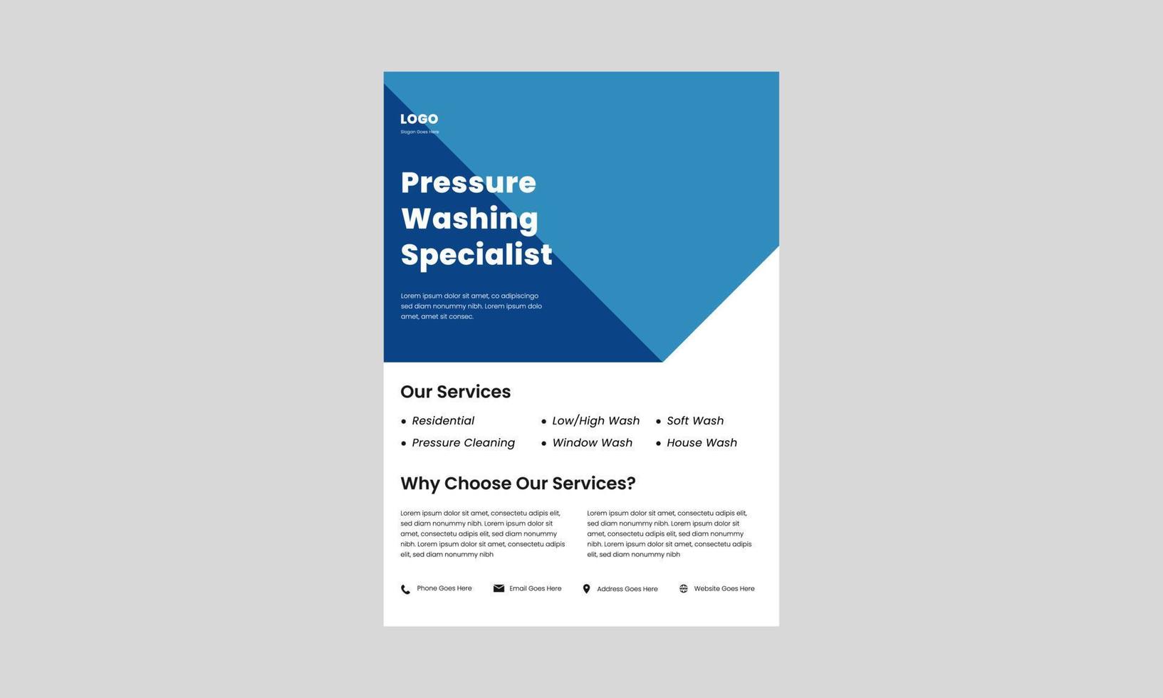 plantilla de diseño de volante de servicio de lavado de energía. cartel de servicio de lavado a presión, diseño de folletos. folleto de lavado de energía profesional. vector