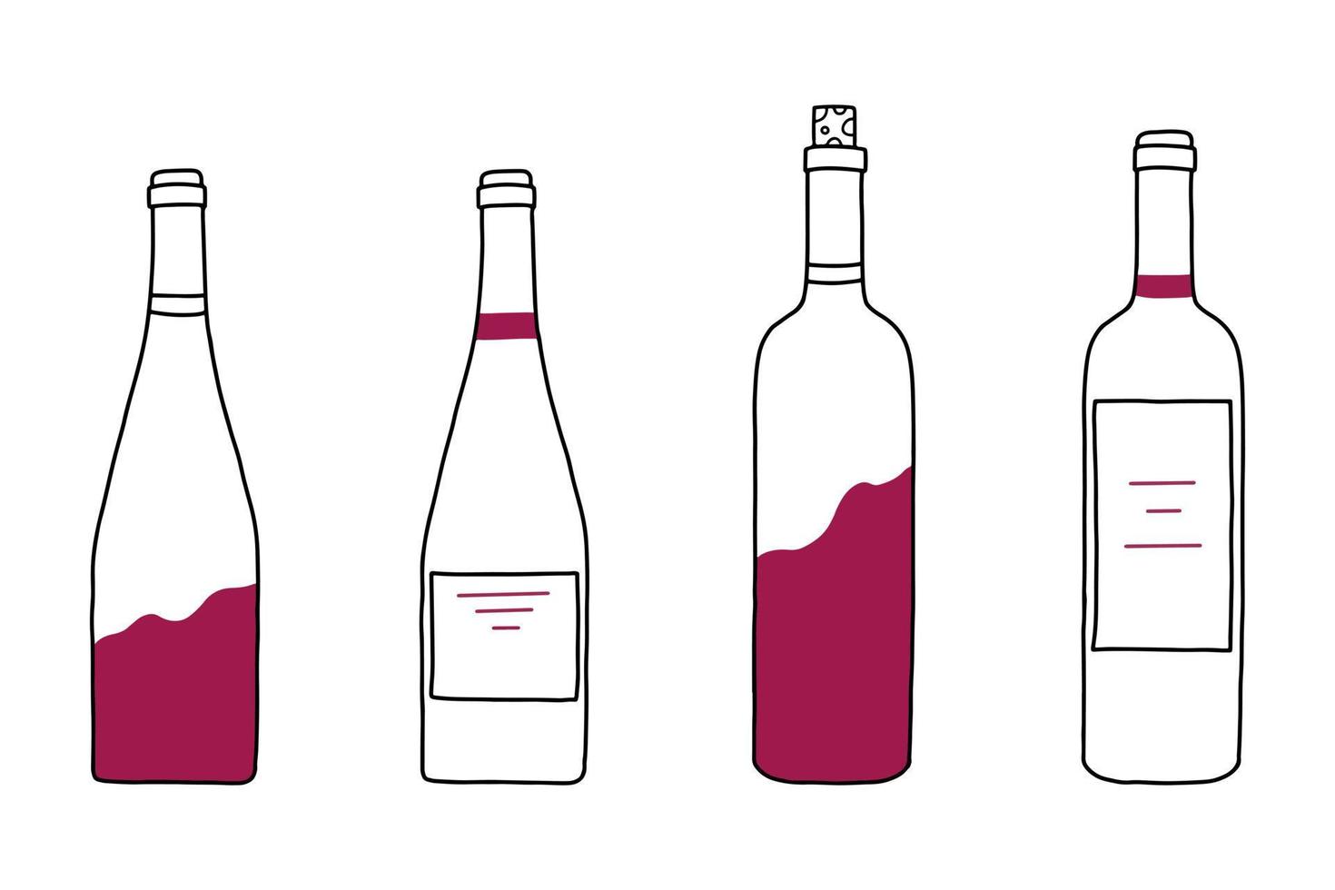 conjunto vectorial de botellas de vino tinto al estilo garabato. vector