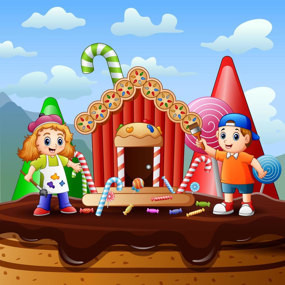 niños felices pintando una ilustración de casa de dulces vector