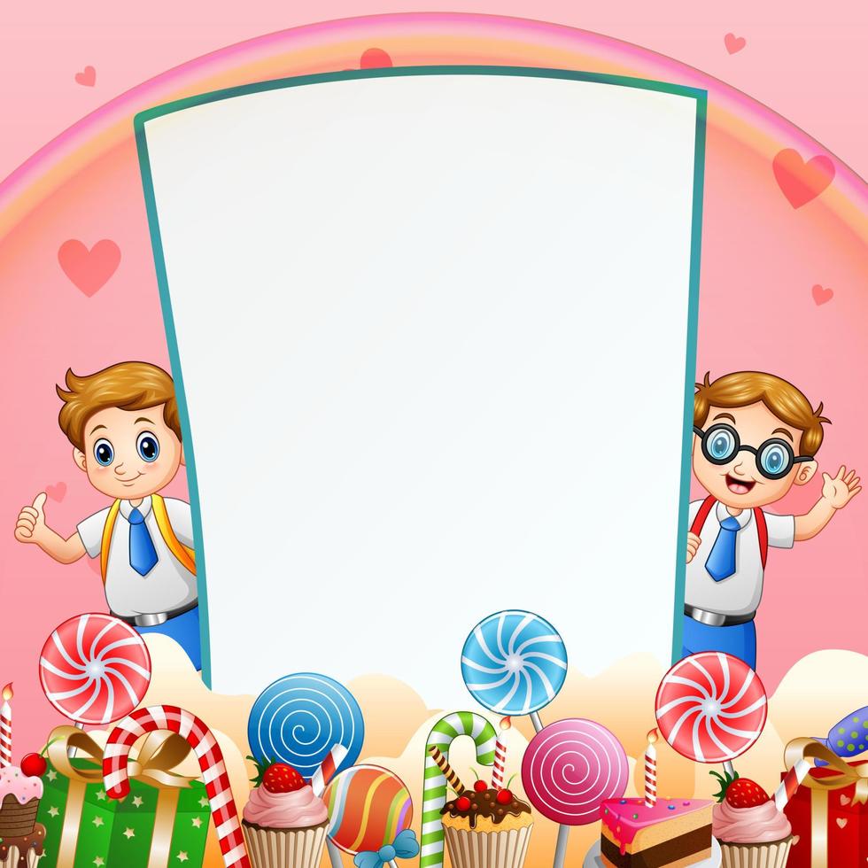 Sweet card background with happy two students vector