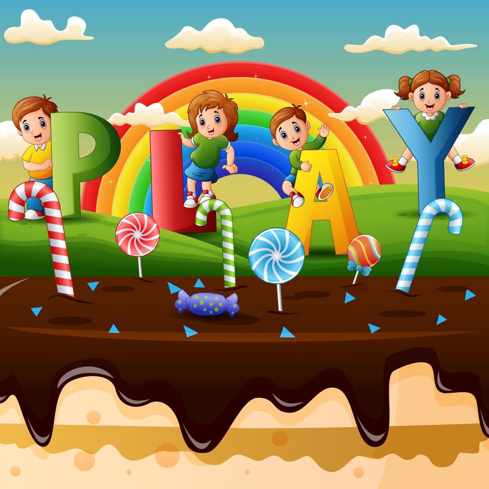 niños felices jugando en una tierra de dulces vector