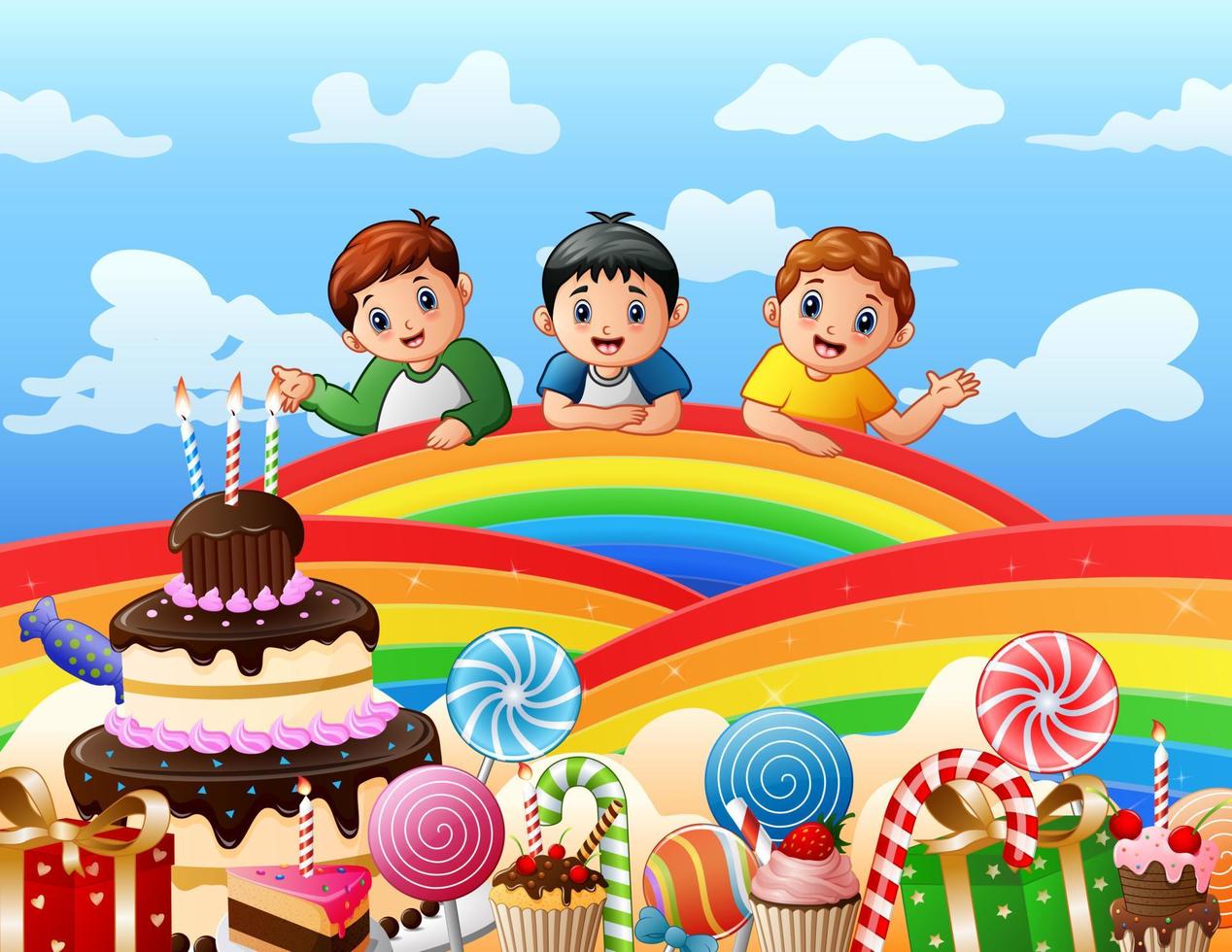 Three boys on a rainbow illustration vector