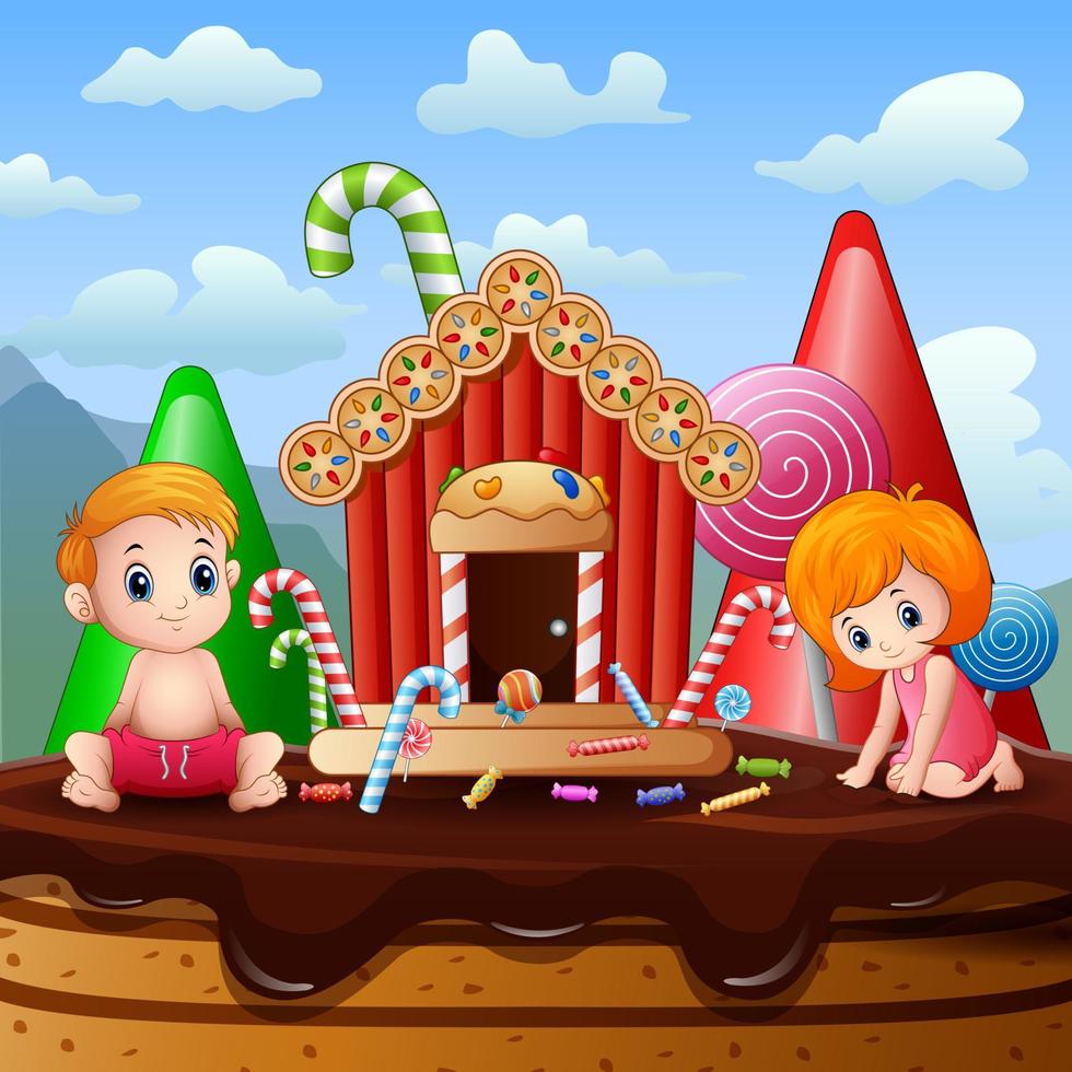 Little kids playing in a sweet land illustration vector