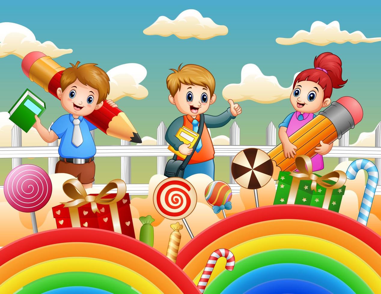 Children in fantasy land with candy illustration vector