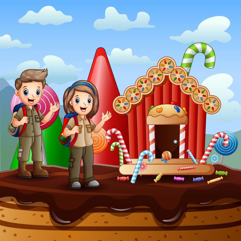 Two scouts in a fantasy sweet house illustration vector