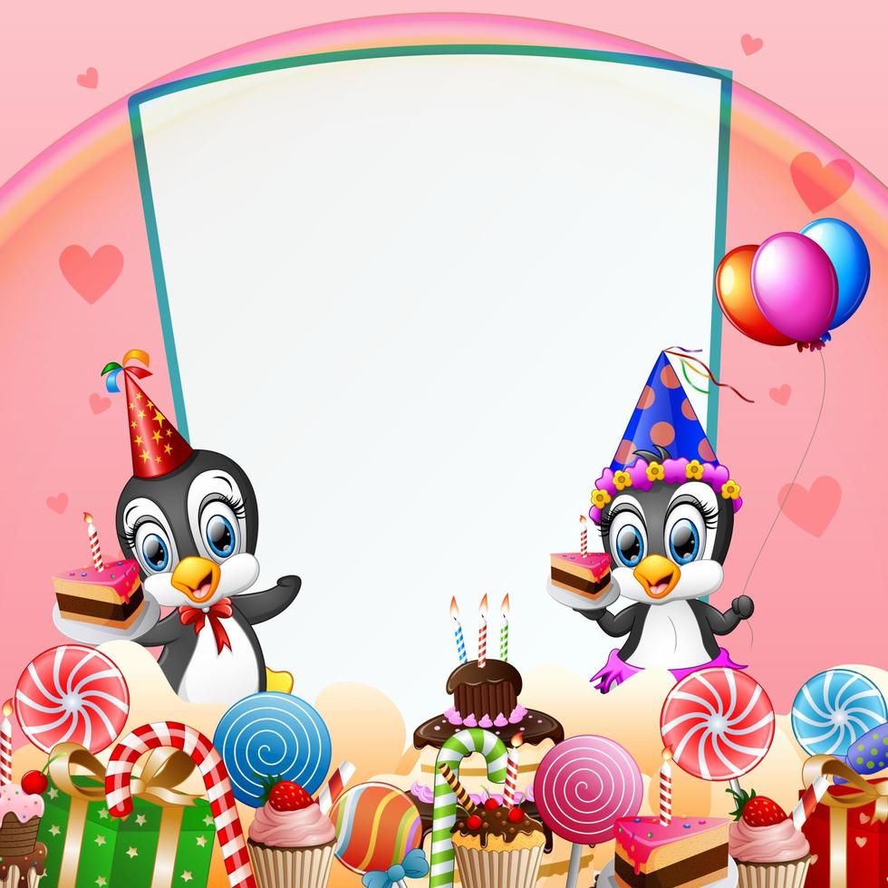 Birthday penguin with candies and pink background vector