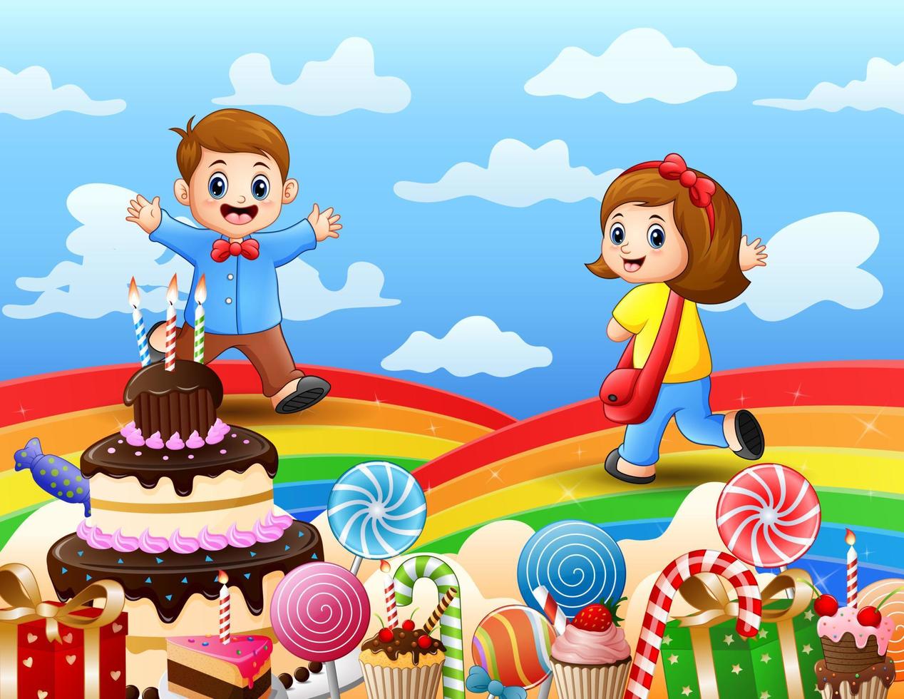 Kids walking on a rainbow and sweet land vector