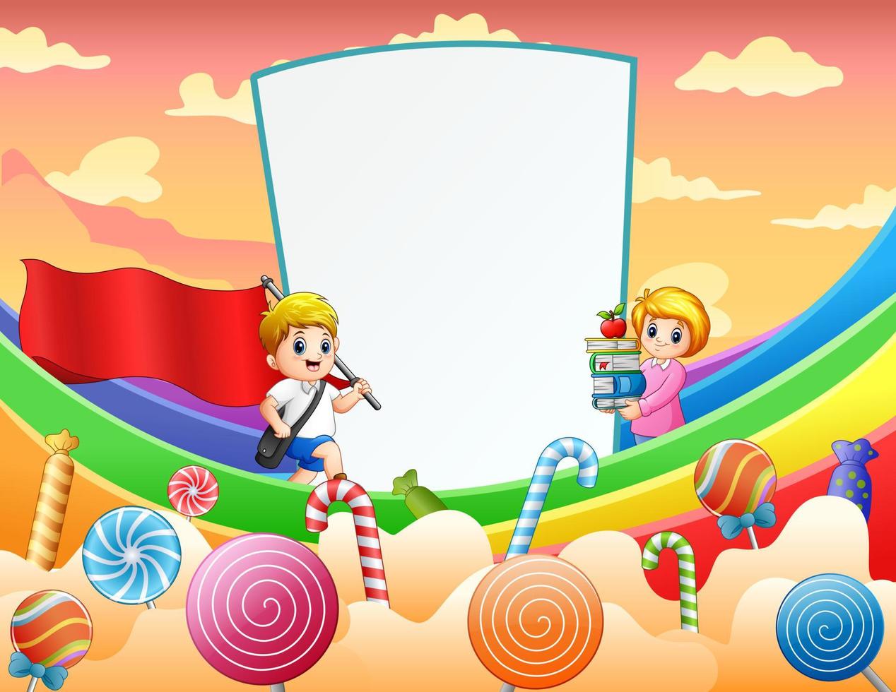 Sweet card with boy and teacher on rainbow vector