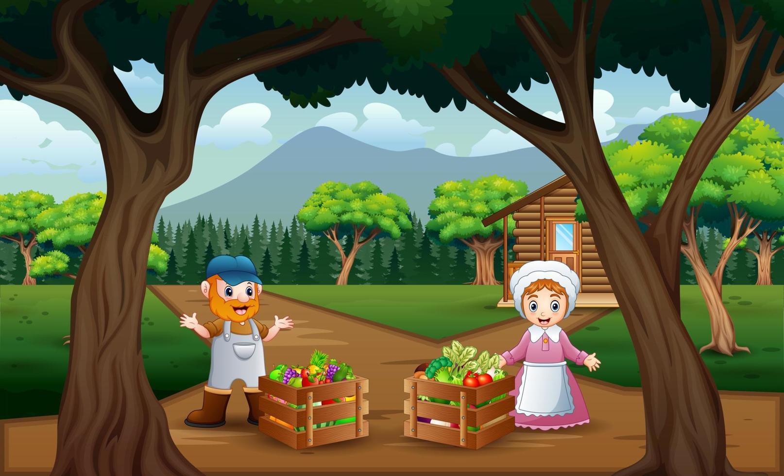 Happy farmer with the harvest in the wooden crate vector