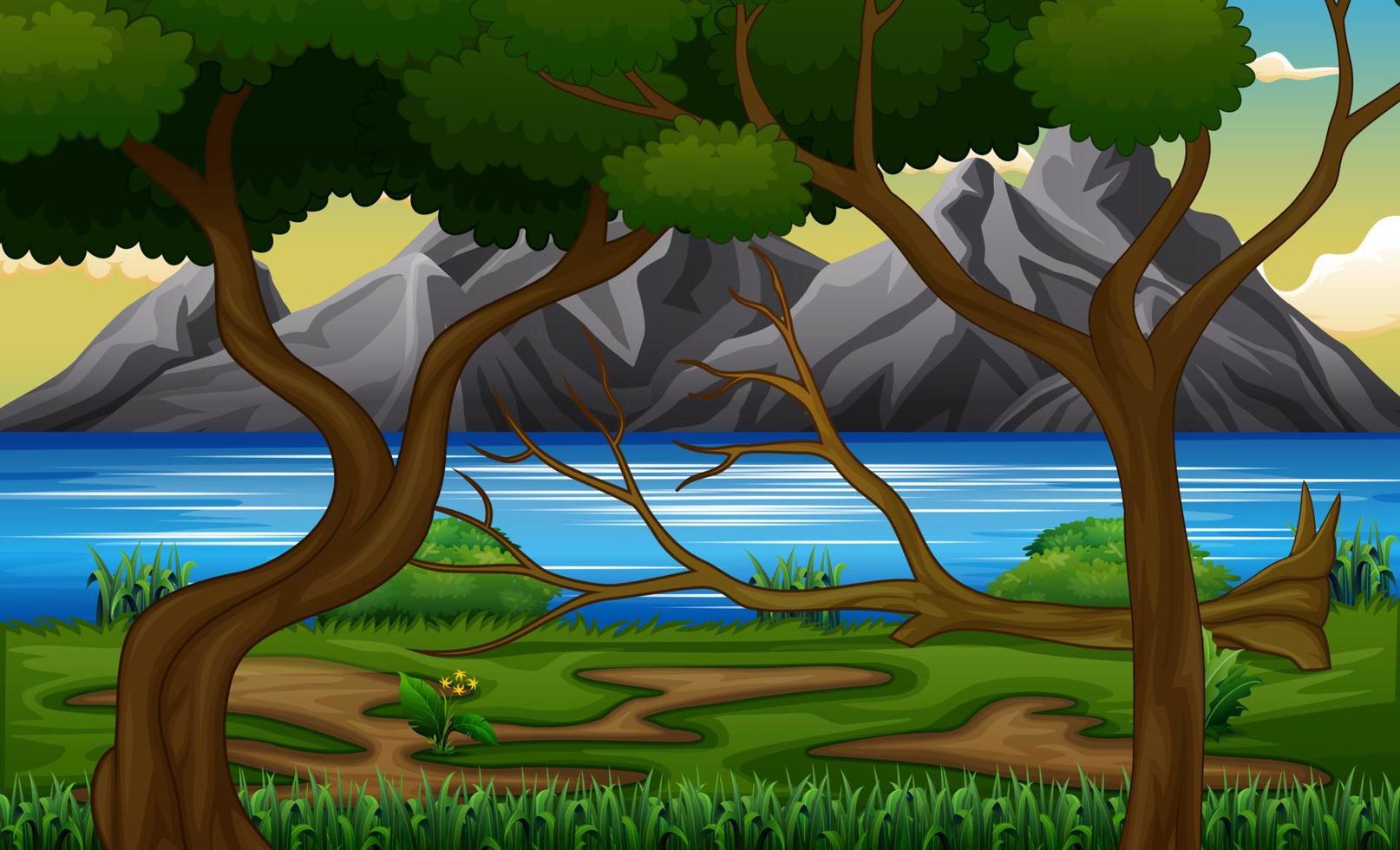 Illustration of forest landscape by the lake vector