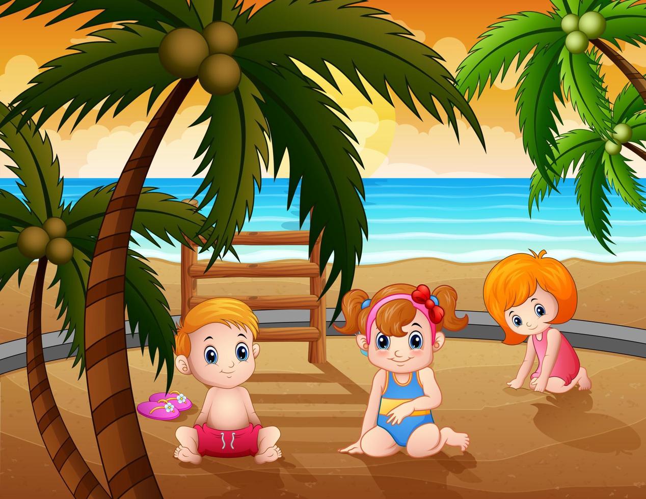 niños pequeños de dibujos animados sentados en la arena de la playa vector
