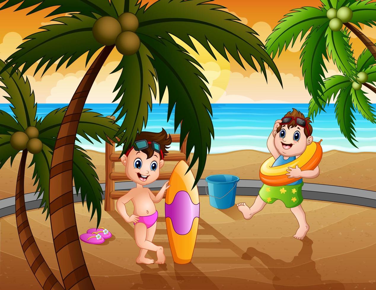 niños felices jugando en la ilustración de la playa vector