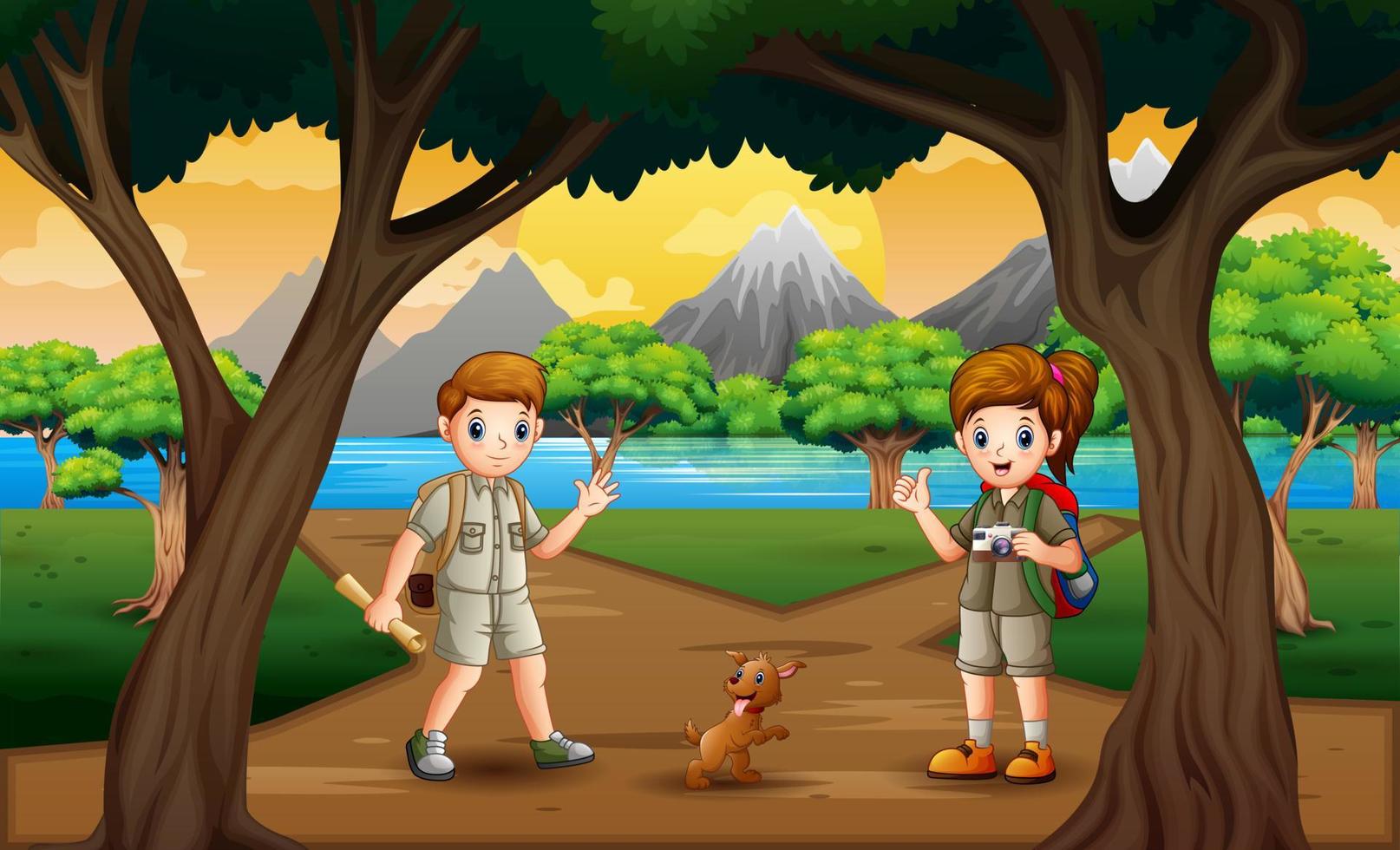 The explorer boy and girl in the nature landscape vector