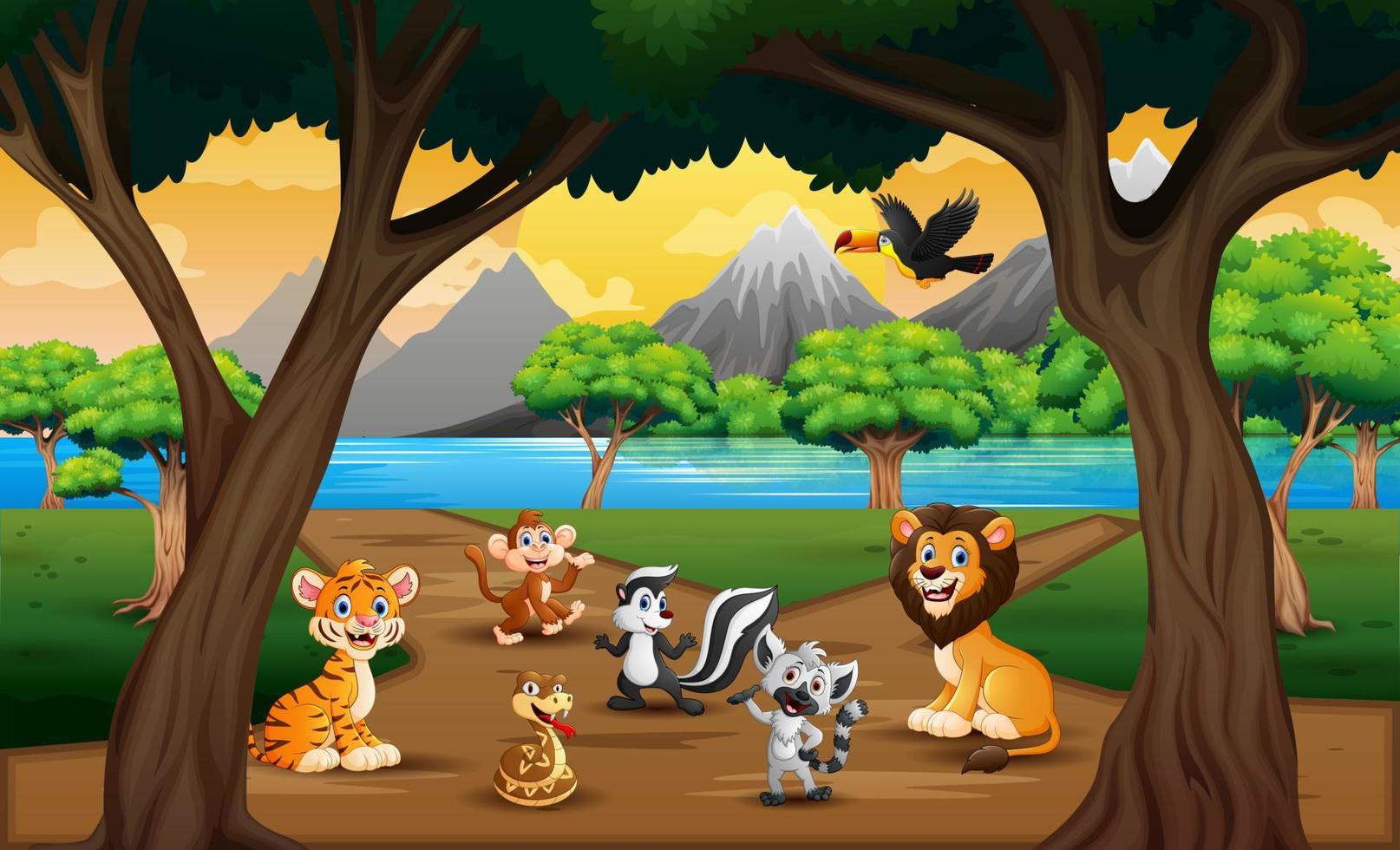 Group of wild animals in the nature landscape 6429047 Vector Art at