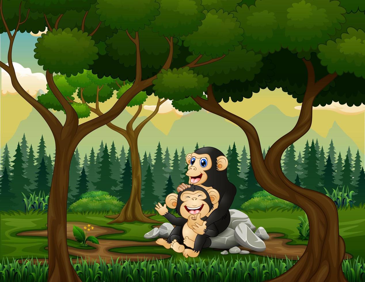 madre chimpancé con su bebé en el bosque vector