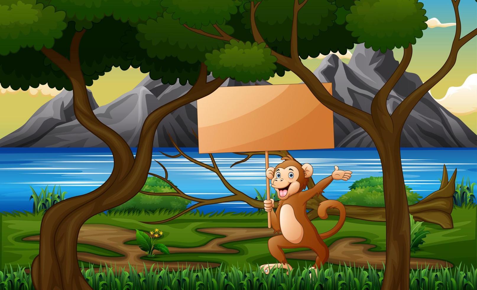Cartoon monkey holding wooden sign at the forest vector
