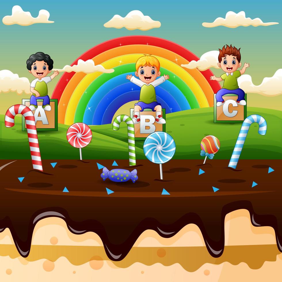 Happy kids in a sweet land illustration vector