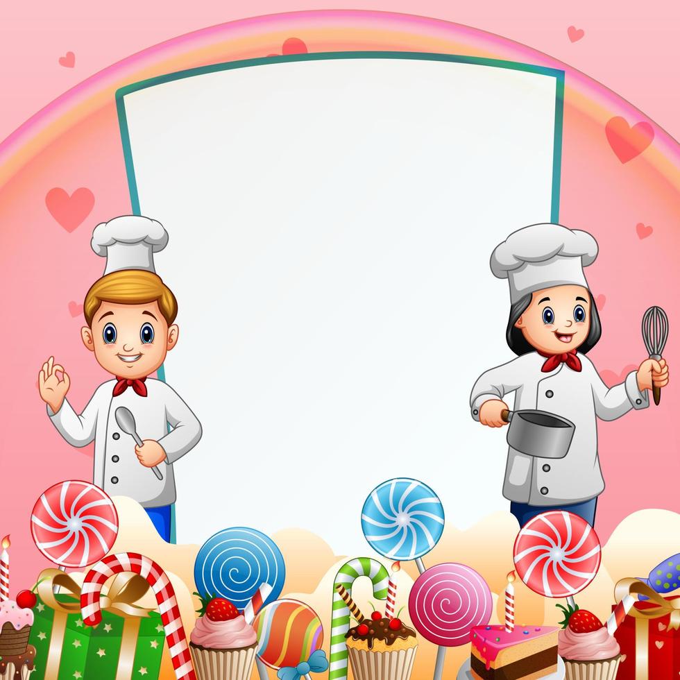 Sweet card background with happy two chefs vector