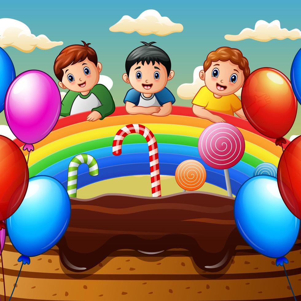 tres niños en un paisaje de arcoíris y tierra dulce vector