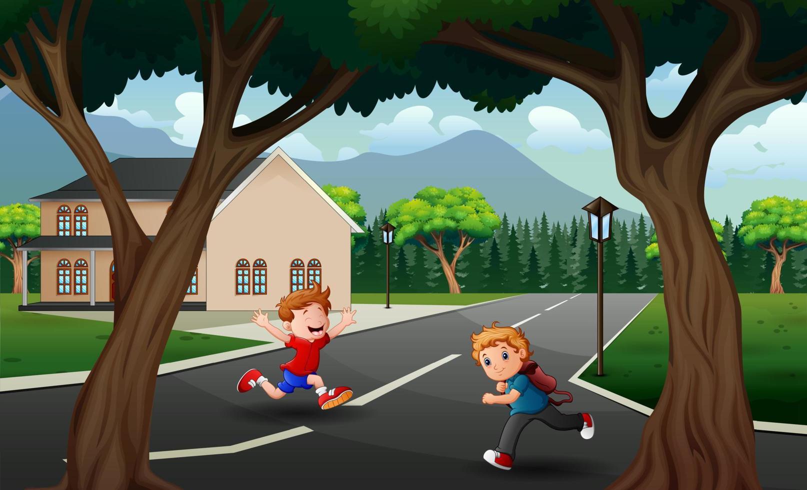 Happy boys running on the road illustration vector