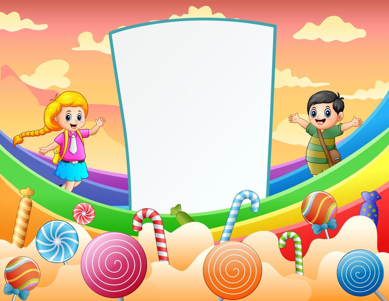 Kid and blank sign on rainbow illustration vector